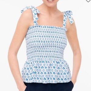 J.Crew blue and white smocked rucked shirred floral top with bow tie straps